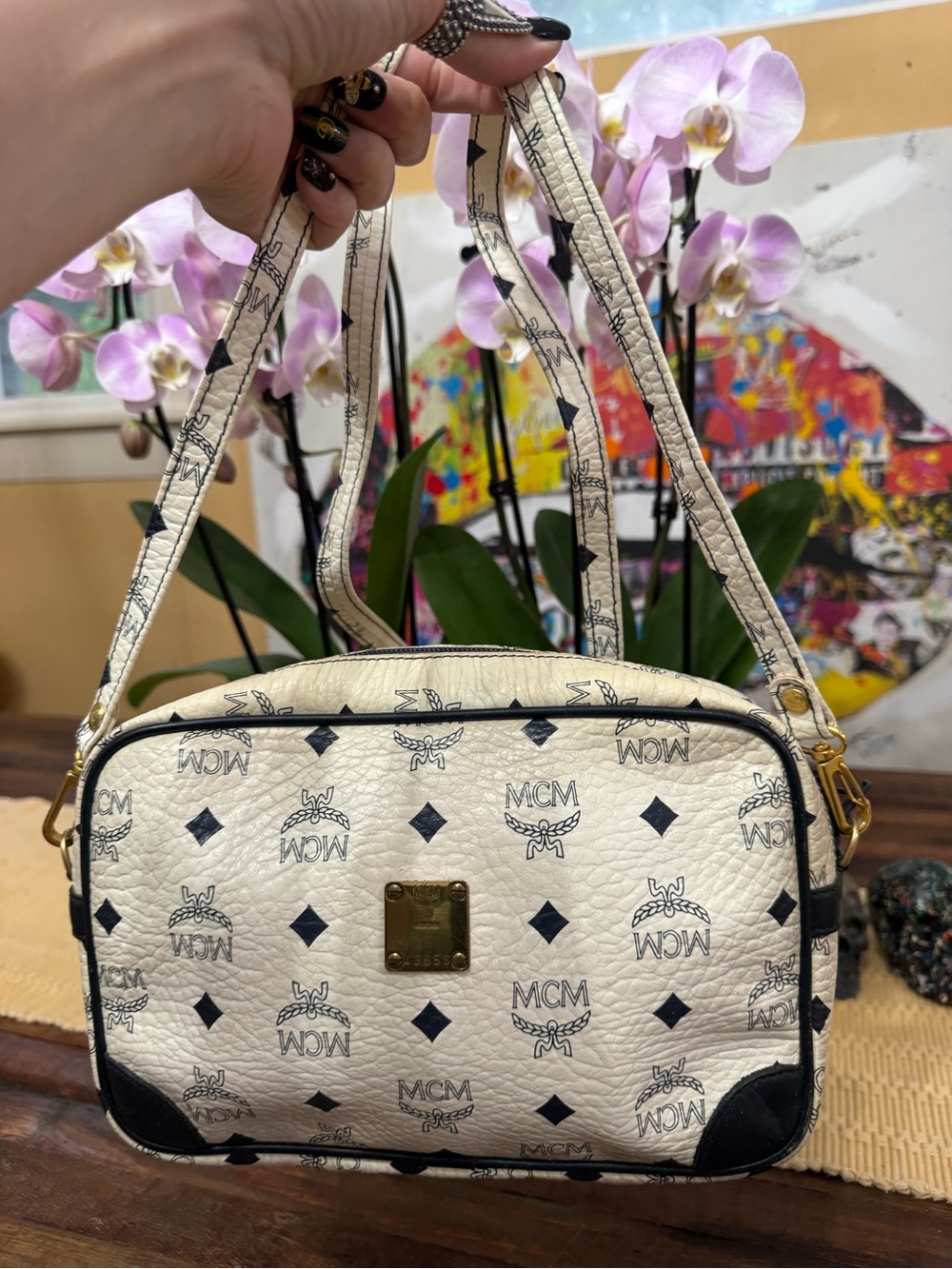 MCM White and Navy Visetos Logo Crossbody Bag - Picture 14 of 17